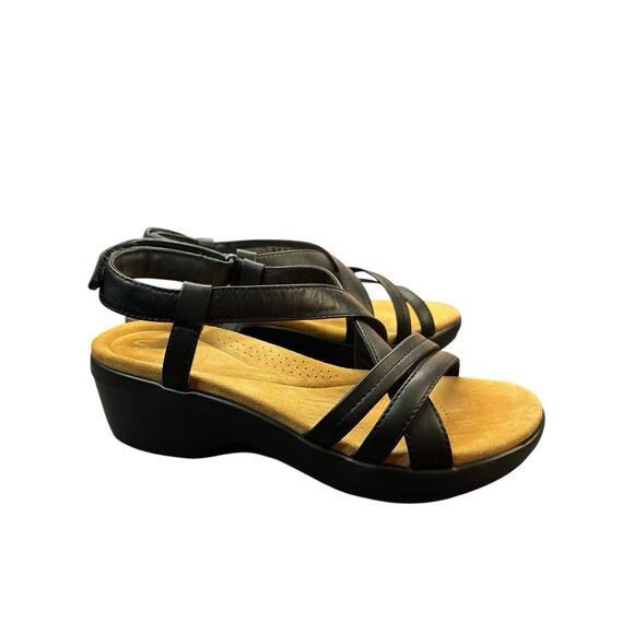 Clarks Artisan Black Leather Sandals Women's 8M Strappy Comfort Dressy Wedge Low - Picture 6 of 13